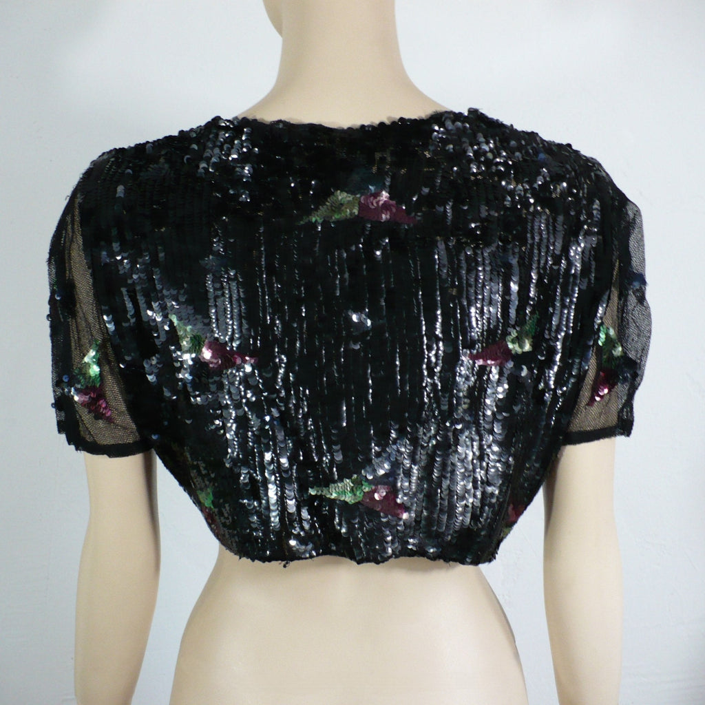 1930s vintage Old Hollywood Glamour gelatin sequins evening bolero, view of back, on mannequin.