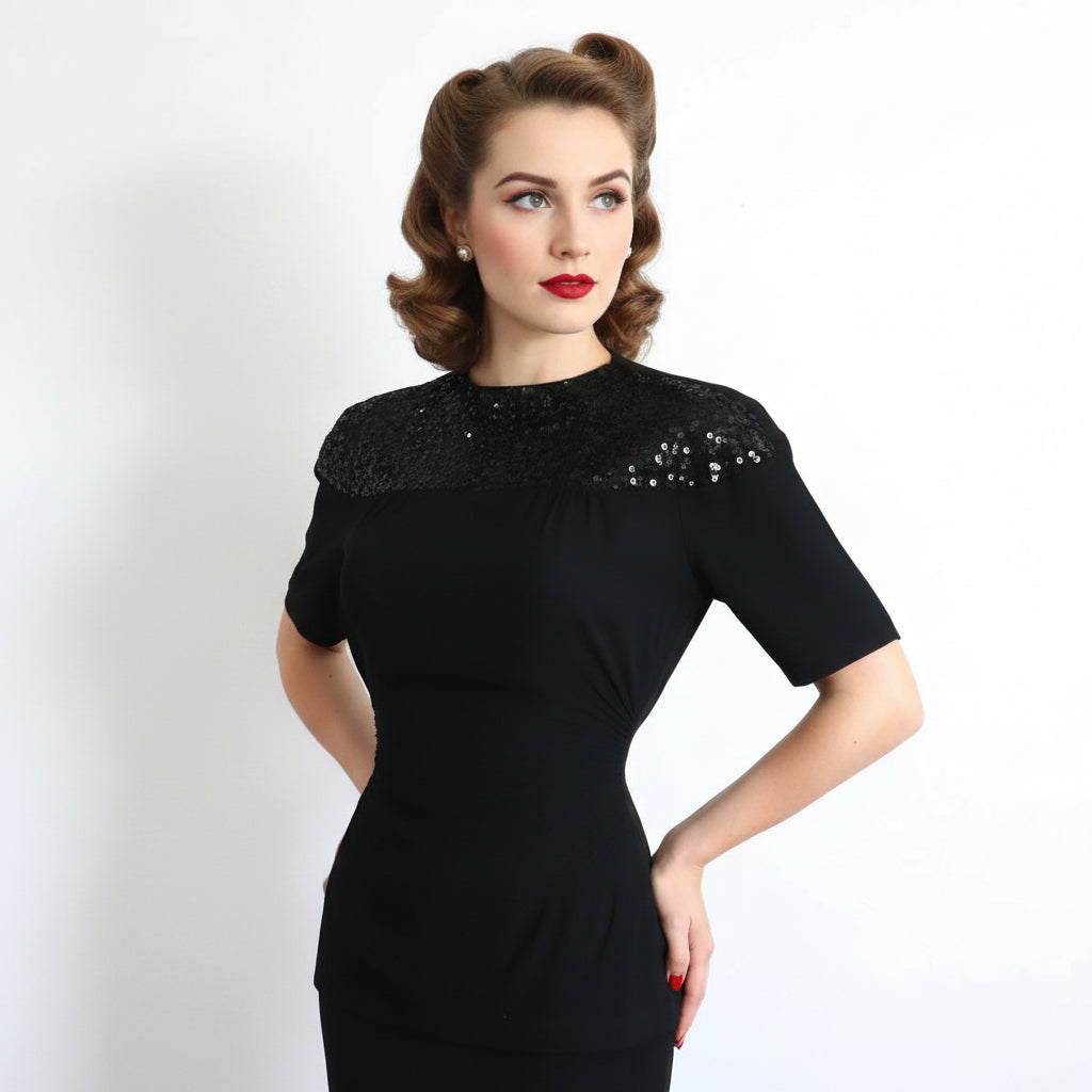 Woman wearing a 1930s Vintage Old Hollywood Black Gelatin Sequined Eveningwear Top on a white background