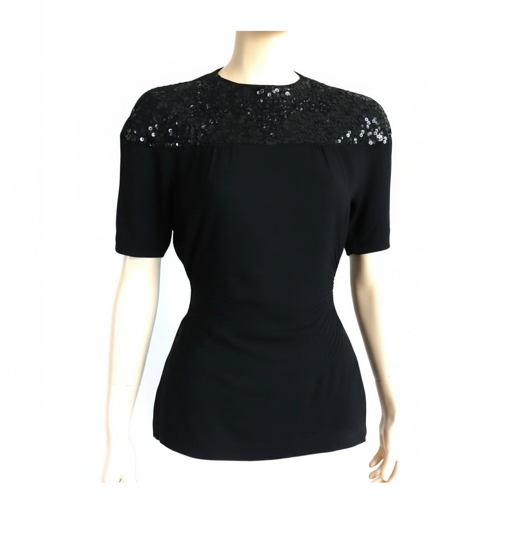 1930s Vintage Old Hollywood Black Gelatin Sequined Eveningwear Top on a mannequin against a white background.
