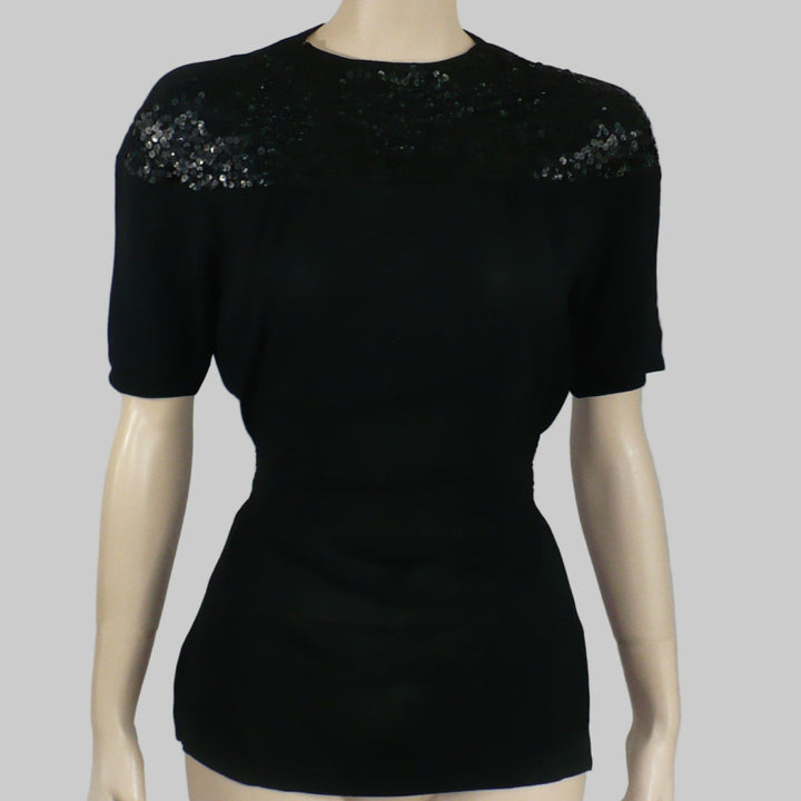 1930s Vintage Old Hollywood Black Gelatin Sequined Eveningwear Top front view on mannequin.