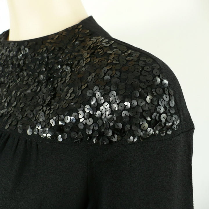 1930s Vintage Old Hollywood Black Gelatin Sequined Eveningwear Top view of sequins at front shoulder.