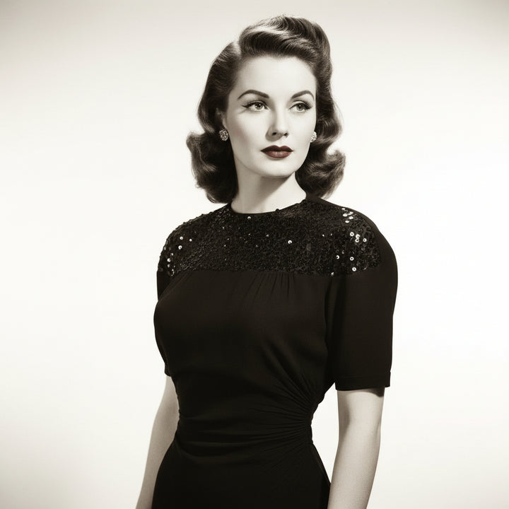 1930s Vintage Old Hollywood Black Gelatin Sequined Eveningwear Top portrayed on old Hollywood star.