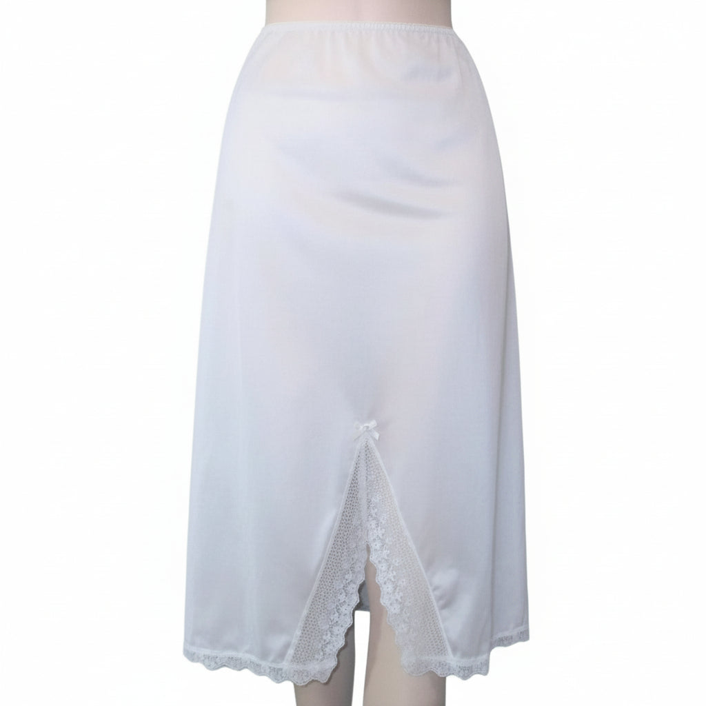 Small 1970s Vintage Lacy Front Slit White Nylon Half Slip, Made in USA.