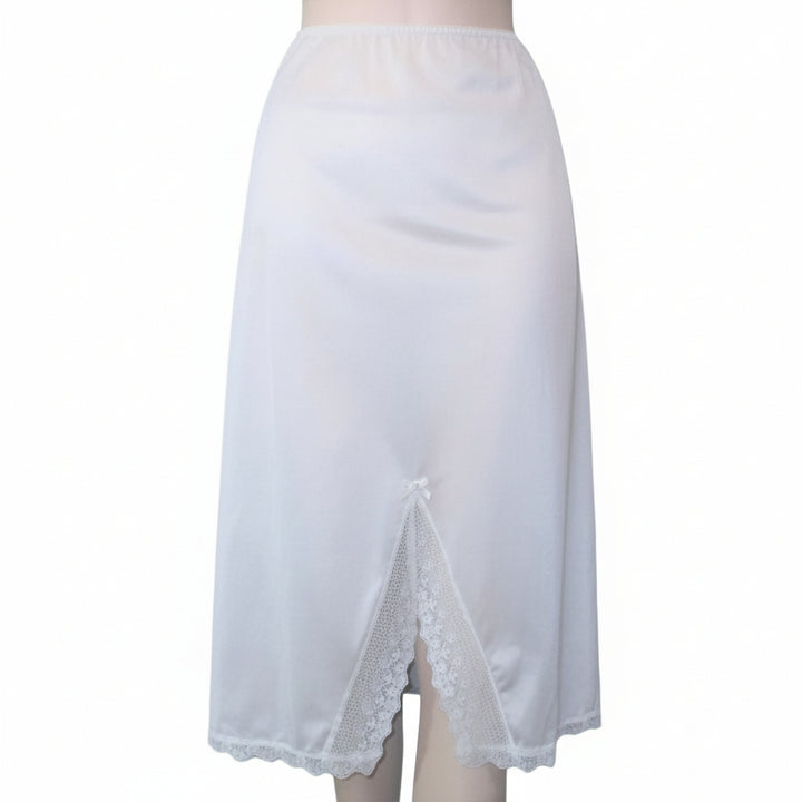 Small 1970s Vintage Lacy Front Slit White Nylon Half Slip, Made in USA.