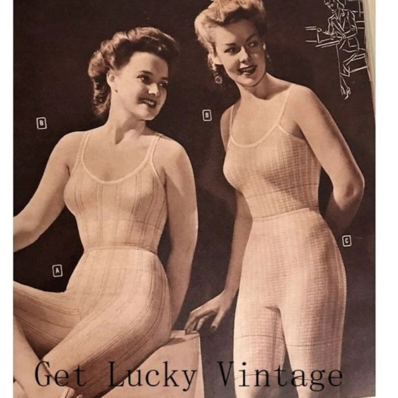 Two women wearing vintage underwear with 'Get Lucky Vintage' text.