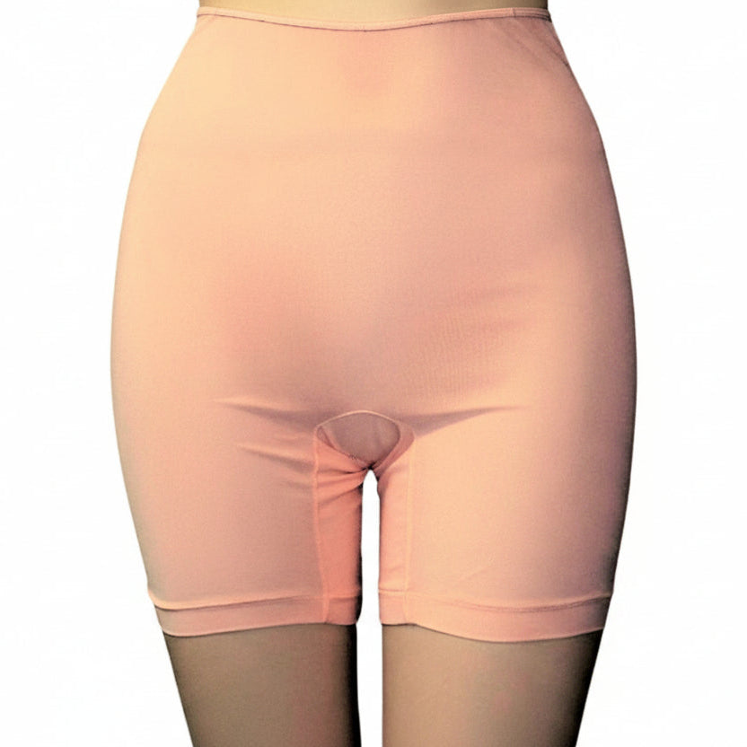 Peach-colored long leg panties on a white background.