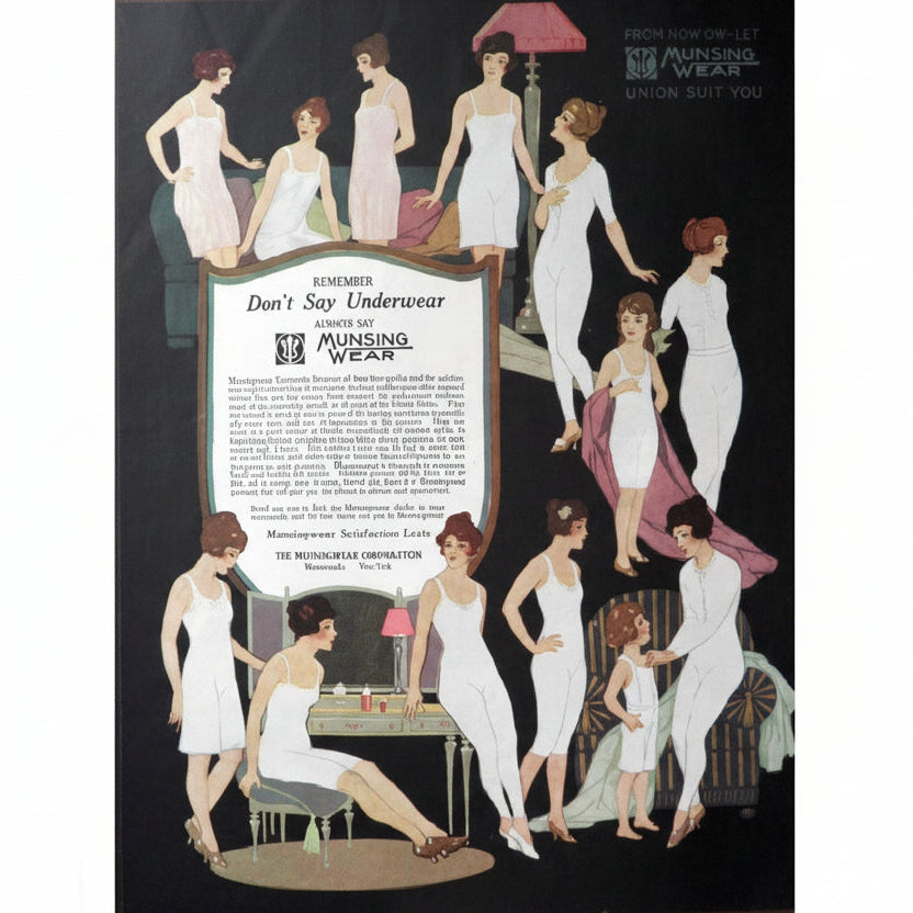 Vintage advertisement for Munsingwear featuring women in white underwear and children.