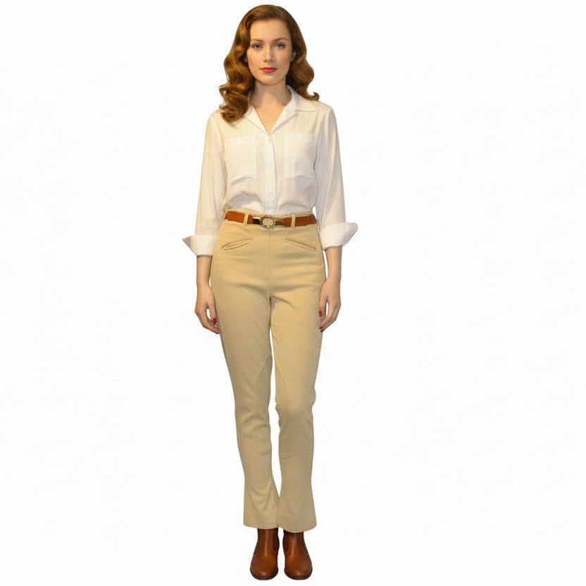 Woman wearing a white blouse and 1940s Women's Vintage Kentucky Riding Pants Equestrian Fashions on a white background.