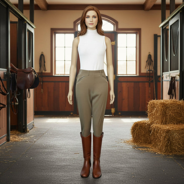 Woman in equestrian attirestanding in a stable Medium 1954 1950s Vintage Women's Equestrian Riding Pants Jodhpurs.