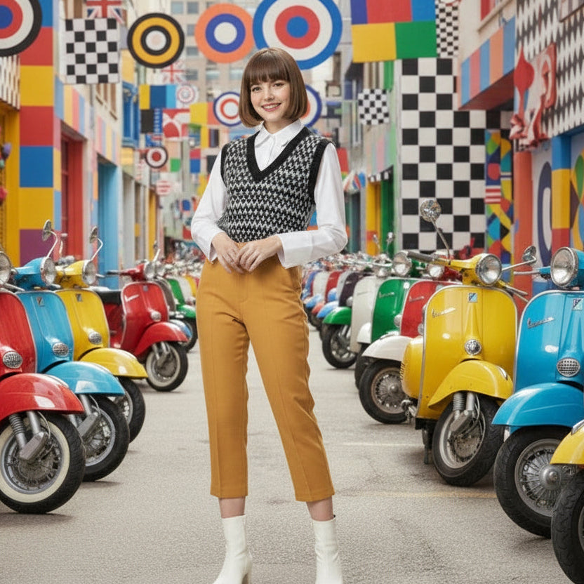1960s Vintage Scooter Girl Mod Italian Isle Capris Pants standing in front of colorful scooters with a vibrant, patterned background