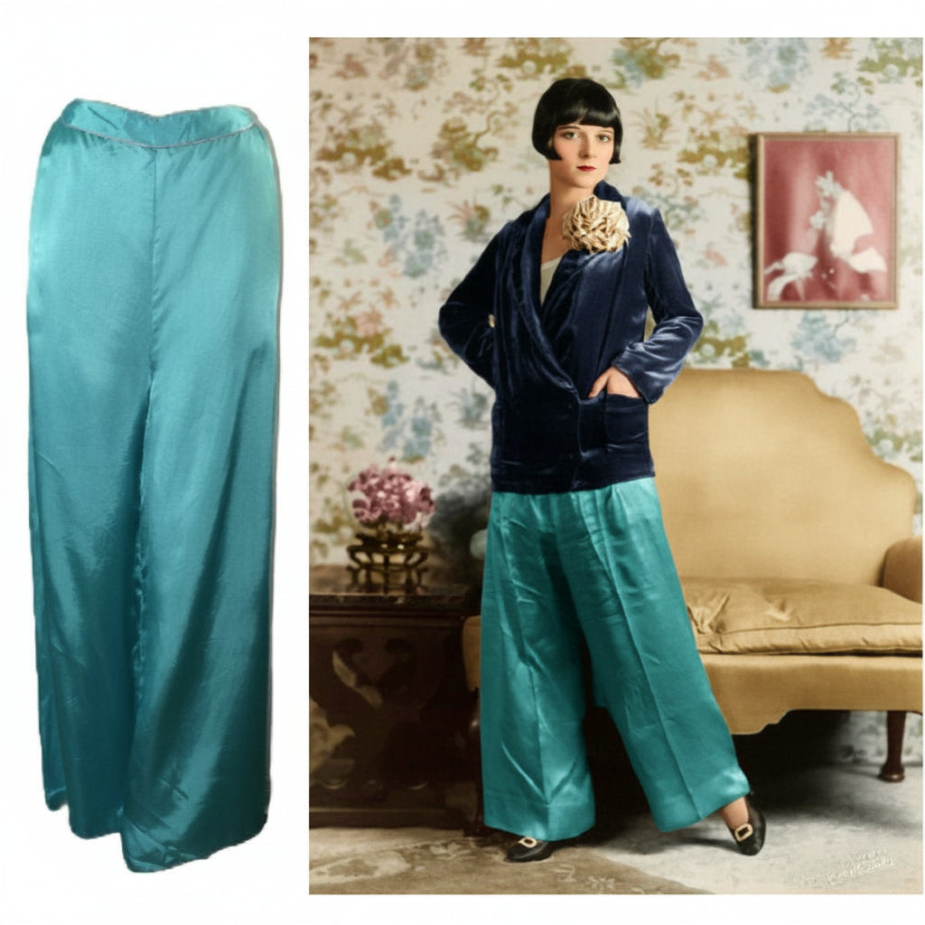 1950s Vintage Timeless Aqua Satin Lounge Pants and iconic Louise Brooks in satin pants, colorized photo,