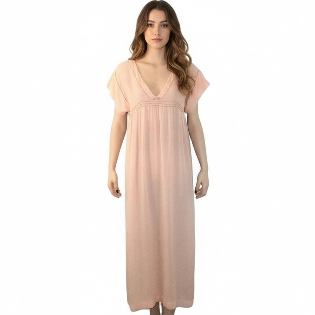 1910 Edwardian Peach Silk Nightgown, Vintage Downton Abby Era nightgown on model.