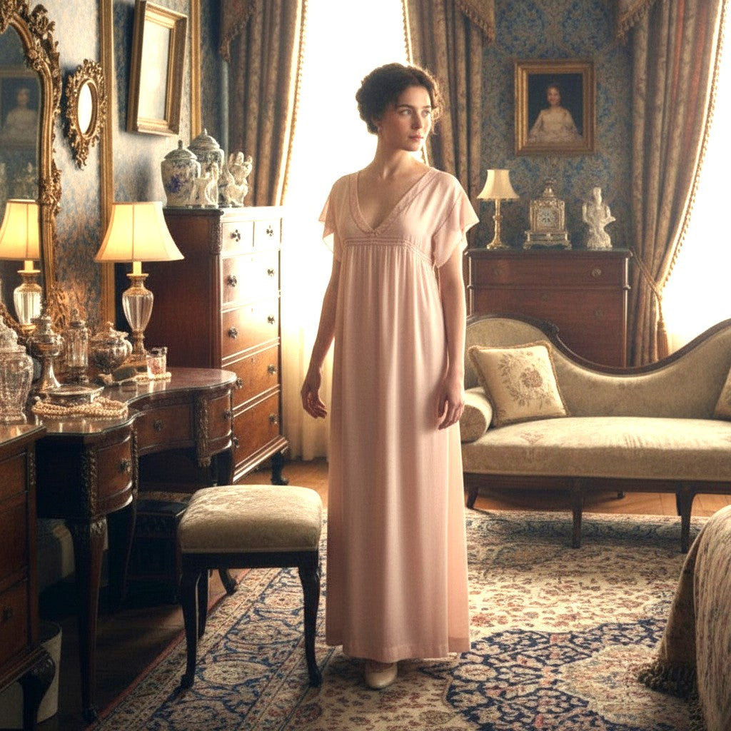 1910 Edwardian Peach Silk Nightgown, Vintage Downton Abby Era nightgown on model in boudoir.