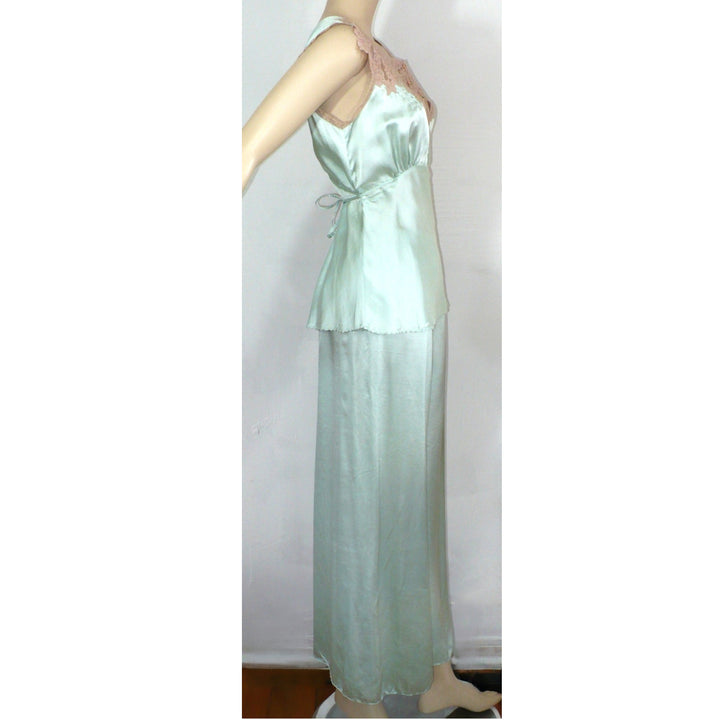 1930s Vintage Seafoam Satin Camisole Pajamas, Loungewear.