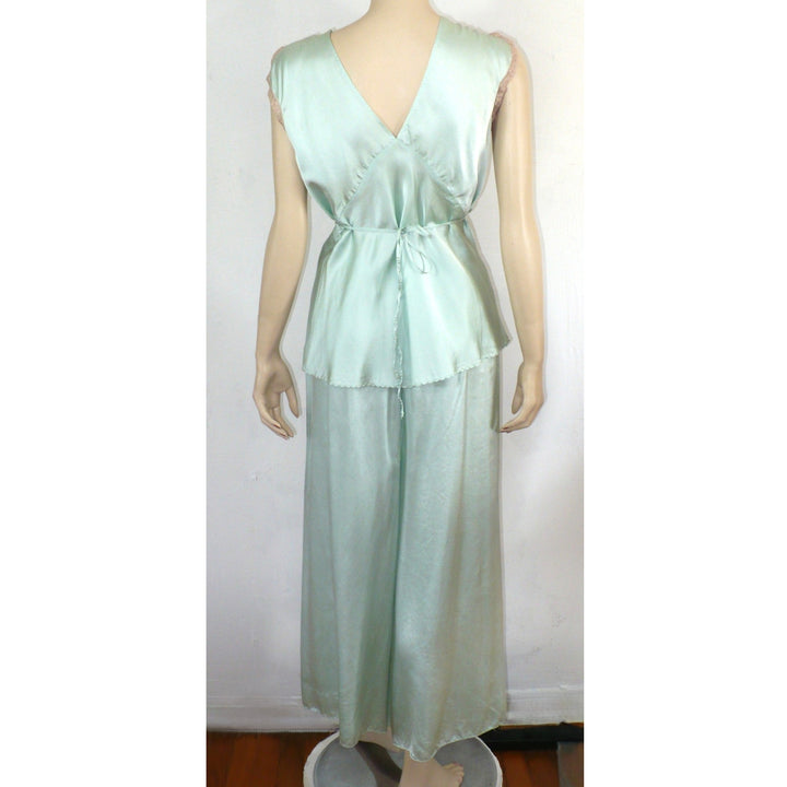 1930s Vintage Seafoam Satin Camisole Pajamas, Loungewear.