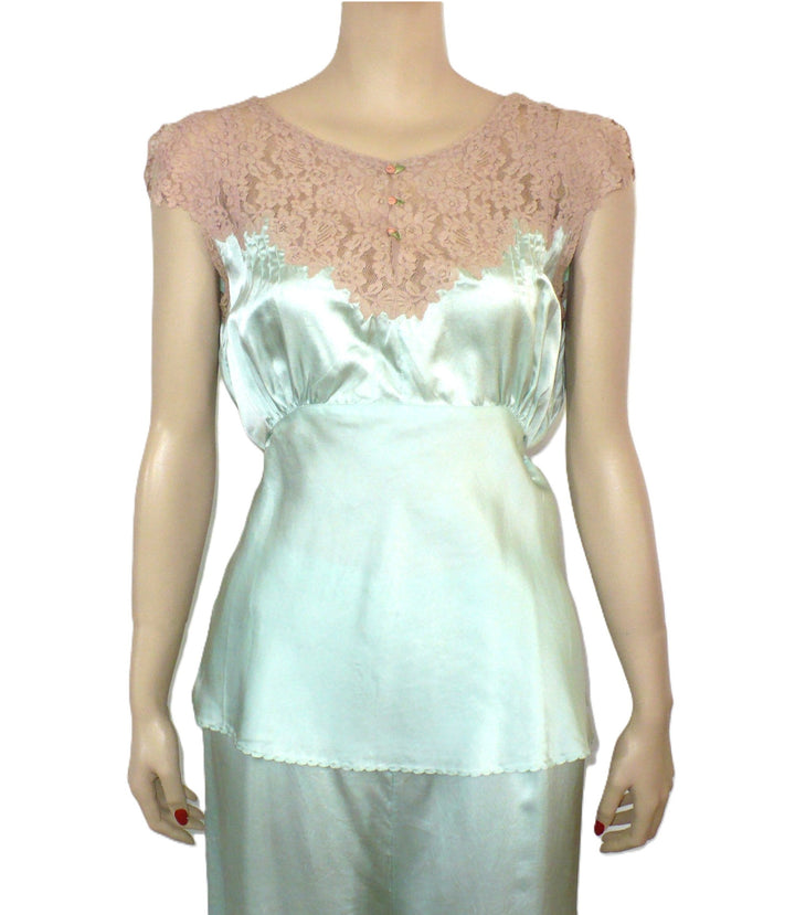 1930s Vintage Seafoam Satin Camisole Pajamas, Loungewear.