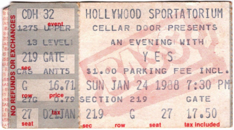 YES Big Generator 1988 Ticket Stub, front.