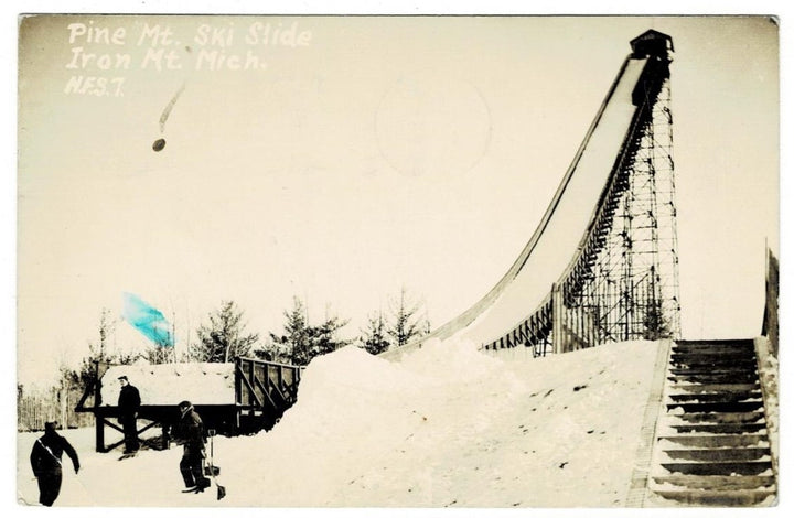 1945 Ski Jump Iron Pine Mountain Michigan Vintage Postcard RPPC