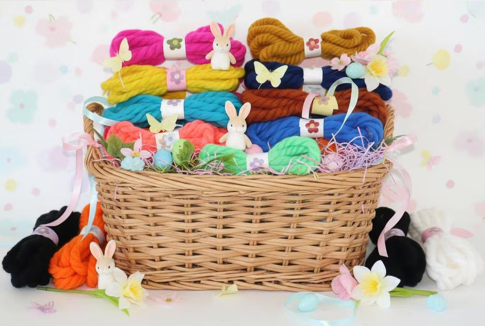 1970s Vintage Yarn Hair Ties Ribbons in Easter Basket.
