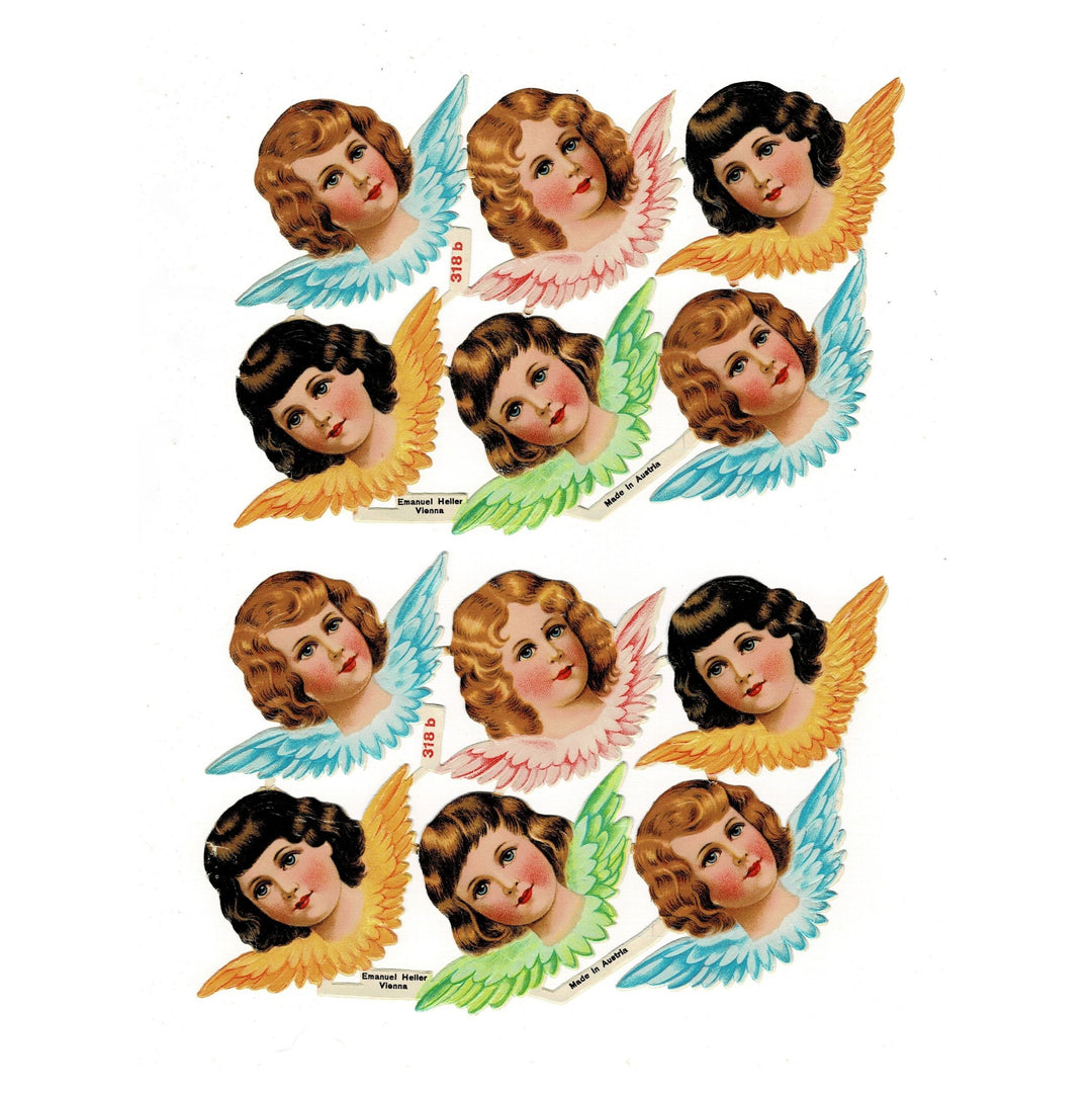 This image shows two sheets of vintage Austrian embossed paper die-cut  cherub angels.