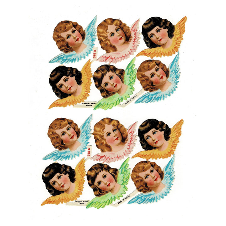 This image shows two sheets of vintage Austrian embossed paper die-cut  cherub angels.