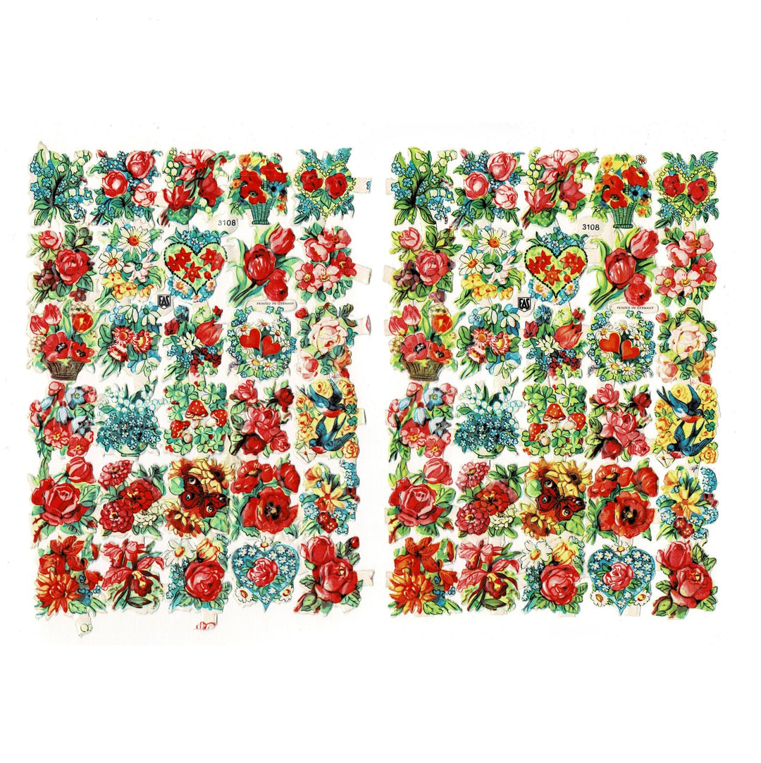 This image shows two sheets of vintage German embossed paper die-cut scraps, specifically featuring flower bouquets and birds.