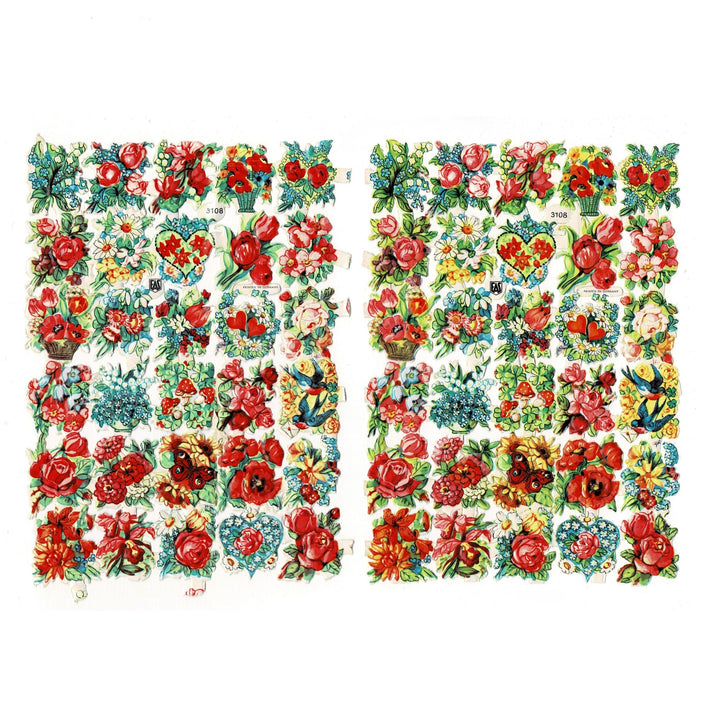 This image shows two sheets of vintage German embossed paper die-cut scraps, specifically featuring flower bouquets and birds.