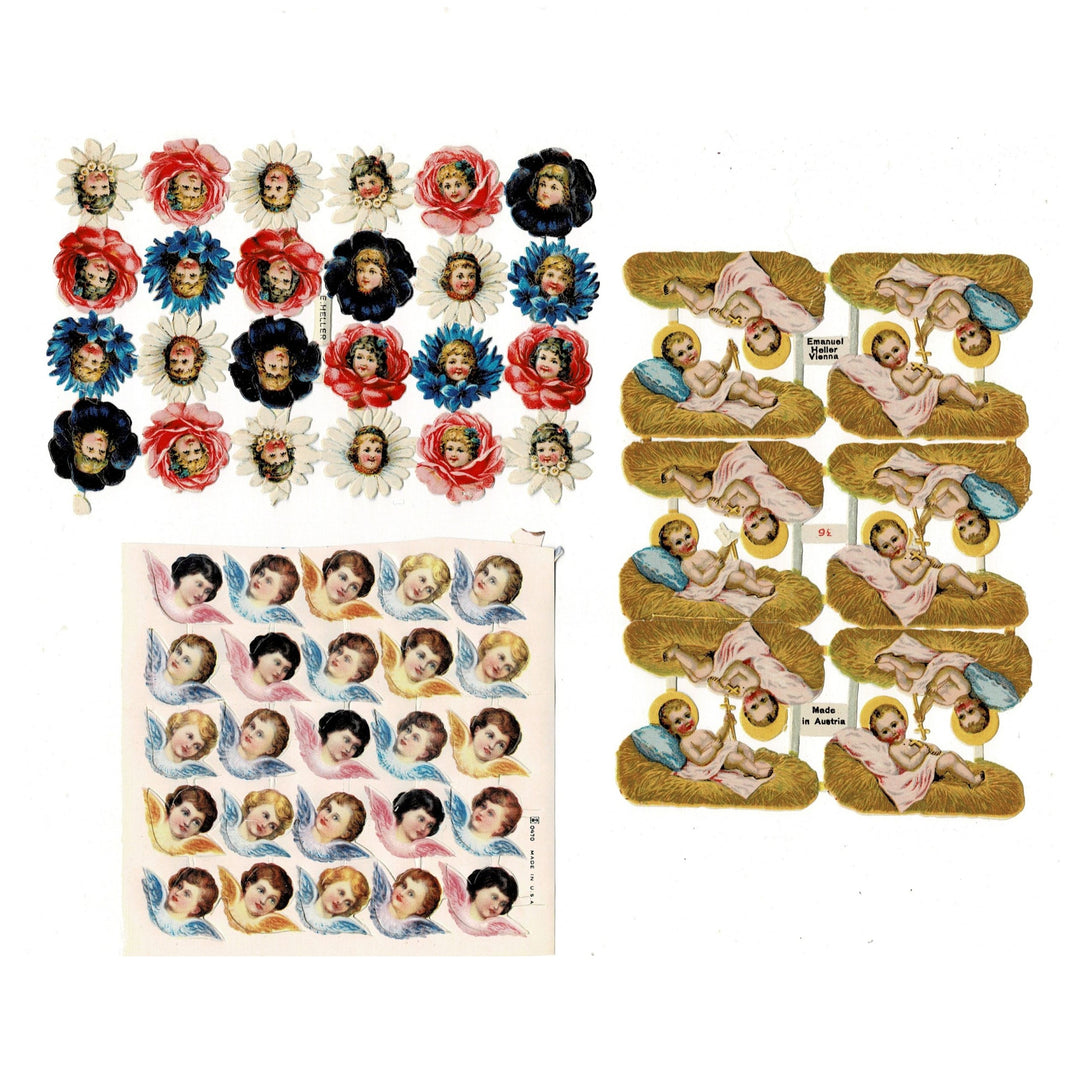 This image shows one sheet of vintage embossed paper die-cut blossoming flowers with children's faces in the centers, one sheet cherub angels. and  one sheet baby Jesus in manger bed.