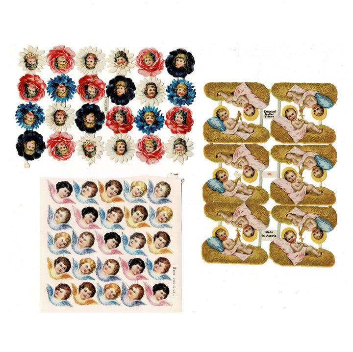 This image shows one sheet of vintage embossed paper die-cut blossoming flowers with children's faces in the centers, one sheet cherub angels. and  one sheet baby Jesus in manger bed.
