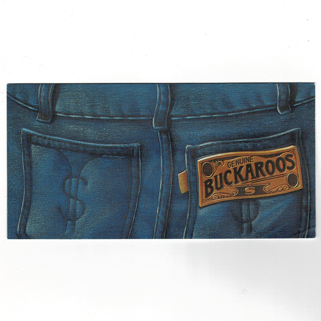 Vintage 1970s Hallmark birthday money holder by Dick Varney. The illustration depicts the back of blue jeans with a stitched dollar sign on the pocket and a faux-leather patch reading "Genuine Buckaroos."