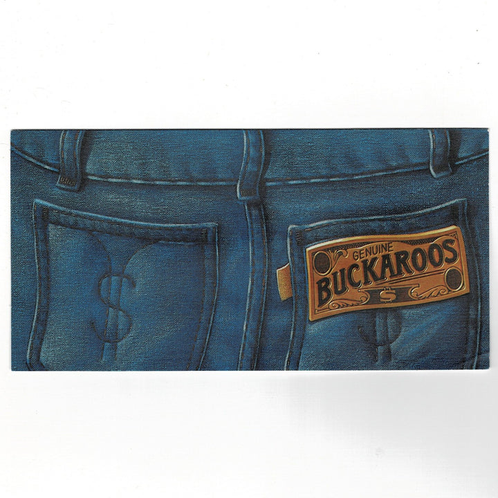 Vintage 1970s Hallmark birthday money holder by Dick Varney. The illustration depicts the back of blue jeans with a stitched dollar sign on the pocket and a faux-leather patch reading "Genuine Buckaroos."