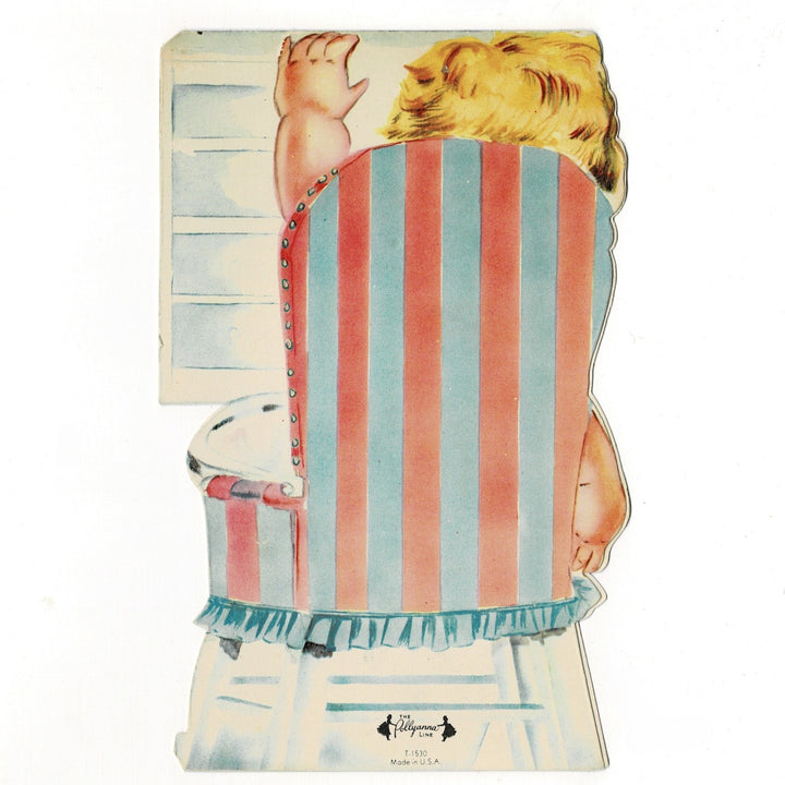 Vintage-style illustration of the back of the card continues the scene, showing the back of the chair and the child's head.