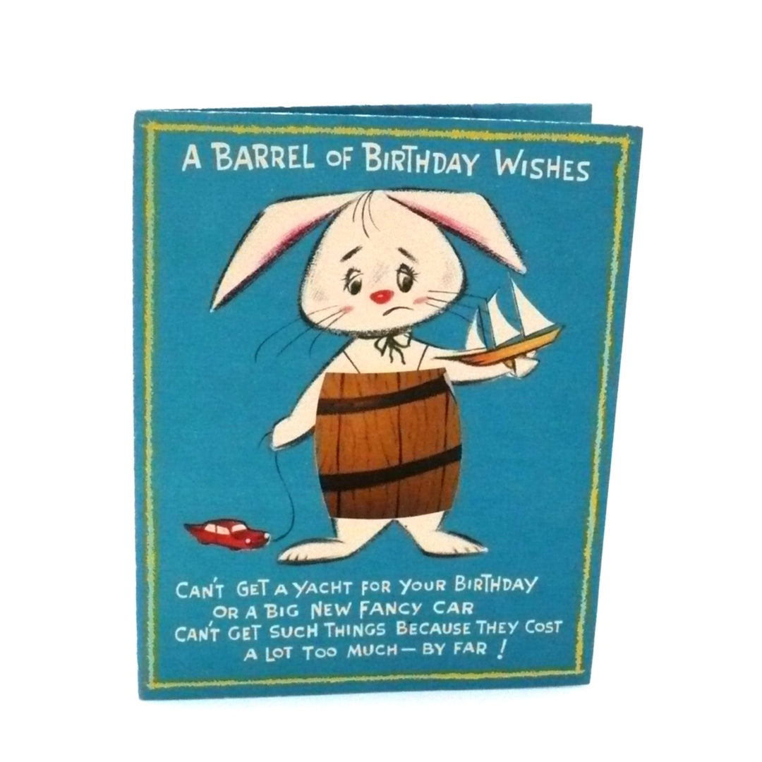 1950s Vintage Die Cut Bunny in a Barrel Birthday Card by Paramount.