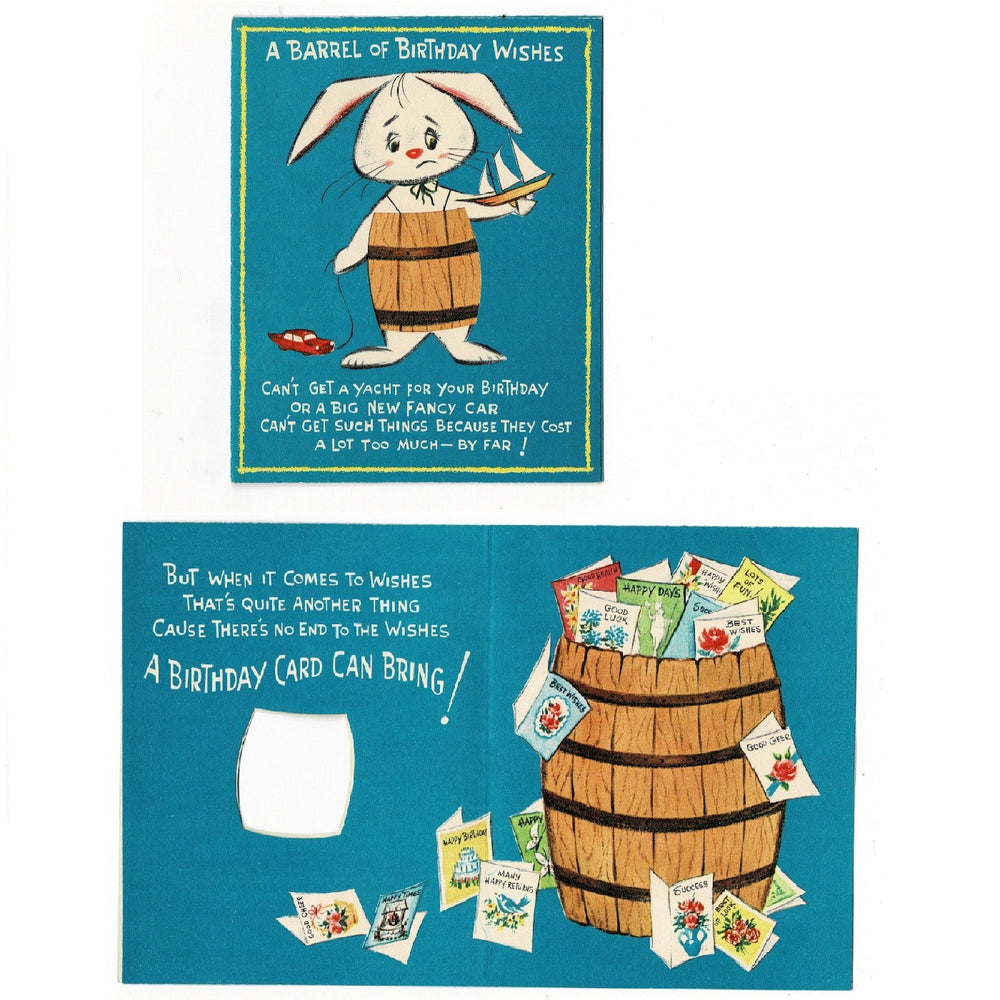 1950s Vintage Die Cut Bunny in a Barrel Birthday Card by Paramount.