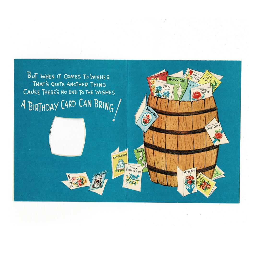 1950s Vintage Die Cut Bunny in a Barrel Birthday Card by Paramount.