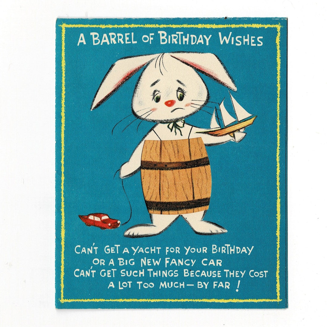 1950s Vintage Die Cut Bunny in a Barrel Birthday Card by Paramount.