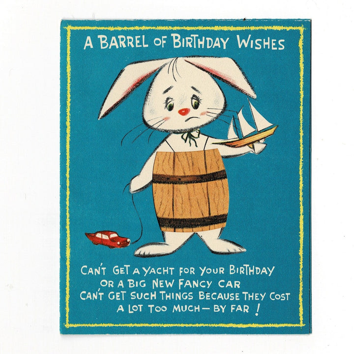 1950s Vintage Die Cut Bunny in a Barrel Birthday Card by Paramount.