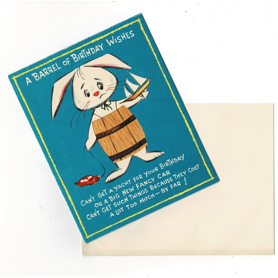 1950s Vintage Die Cut Bunny in a Barrel Birthday Card by Paramount.