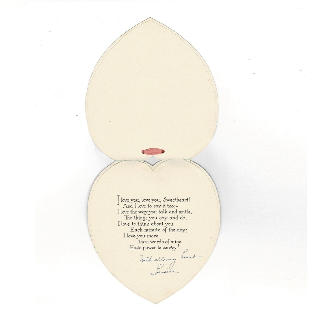 This elegant heart-shaped vintage Valentine’s Day card features a sophisticated construction where the sentiment is printed on a separate interior sleeve. The interior text is printed in a classic dark serif typeface. The poetic verse focuses on deep, romantic devotion, a hallmark of mid-century sentimental greetings. This specific card is hand-signed in blue ink, adding to its authentic vintage character.
