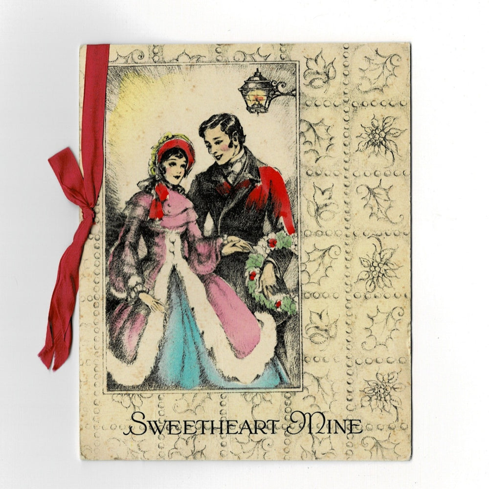 This elegant vintage Christmas card, titled Sweetheart Mine, features a sentimental holiday message for a romantic partner. The interior is decorated with a vibrant red poinsettia and holly sprig at the top, accompanied by delicate floral accents around the verse. The red satin ribbon from the cover is visible, serving as a decorative tie for the panels.