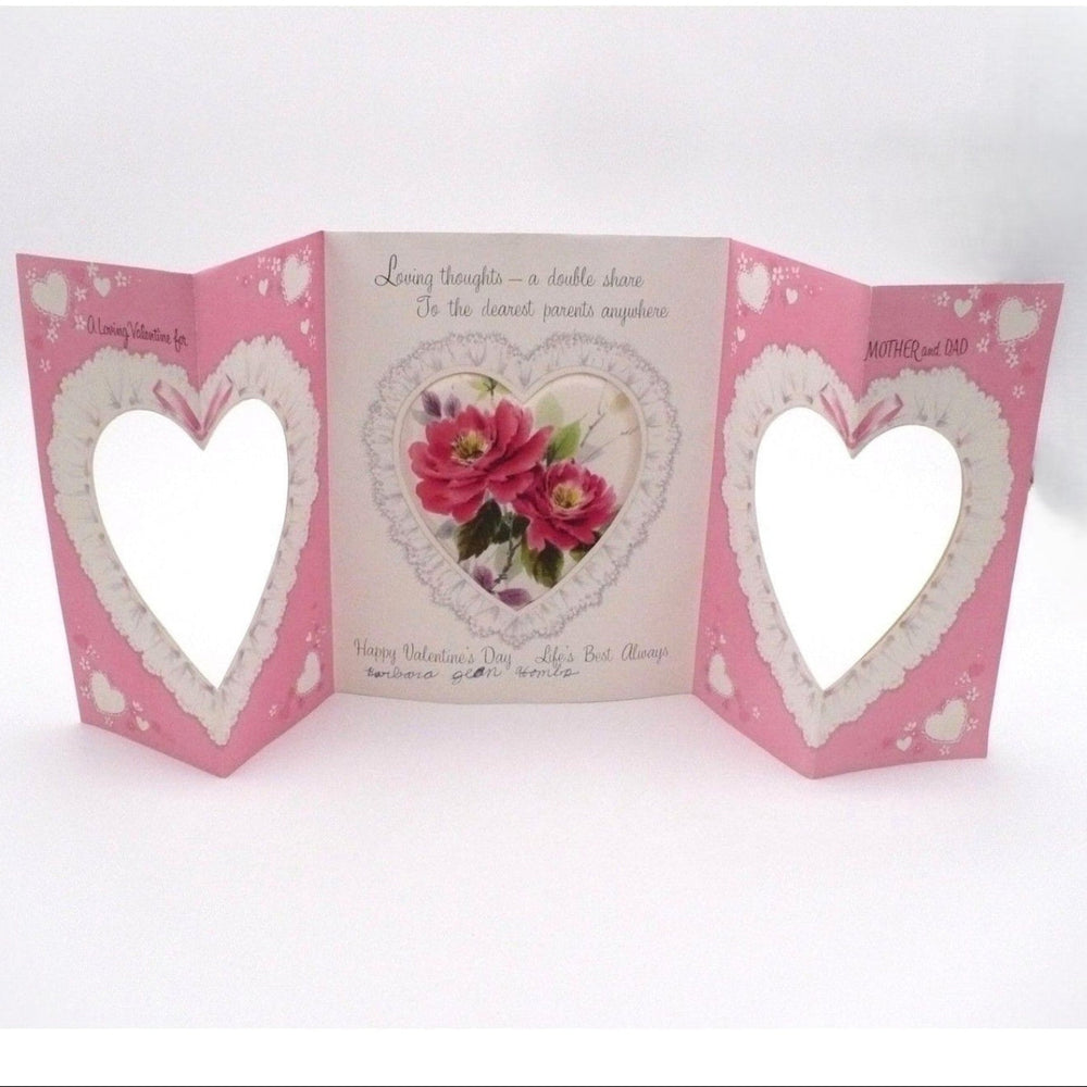 Upright, opened 1960s Vintage 3D Valentine's Day Greeting Card, Mother Father Puffy Fabric Heart.