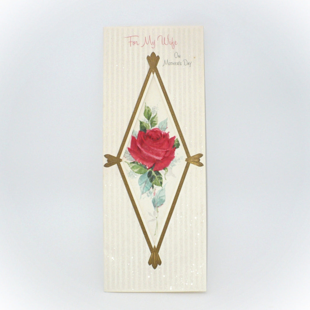 Card with a red rose design and text on a light gray background, 1960s Jumbo Vintage Mother’s Day Card for Wife w/ Glitter by Gibson.