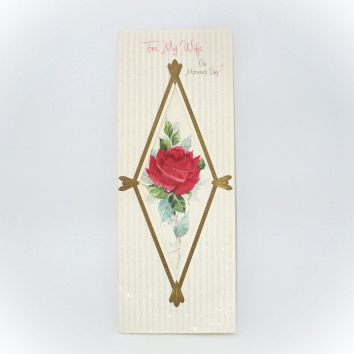 Card with a red rose design and text on a light gray background, 1960s Jumbo Vintage Mother’s Day Card for Wife w/ Glitter by Gibson.