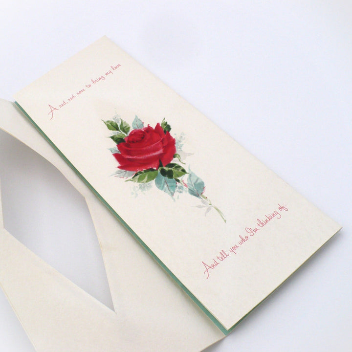Card with a red rose illustration on a white background, 1960s Jumbo Vintage Mother’s Day Card for Wife w/ Glitter by Gibson.