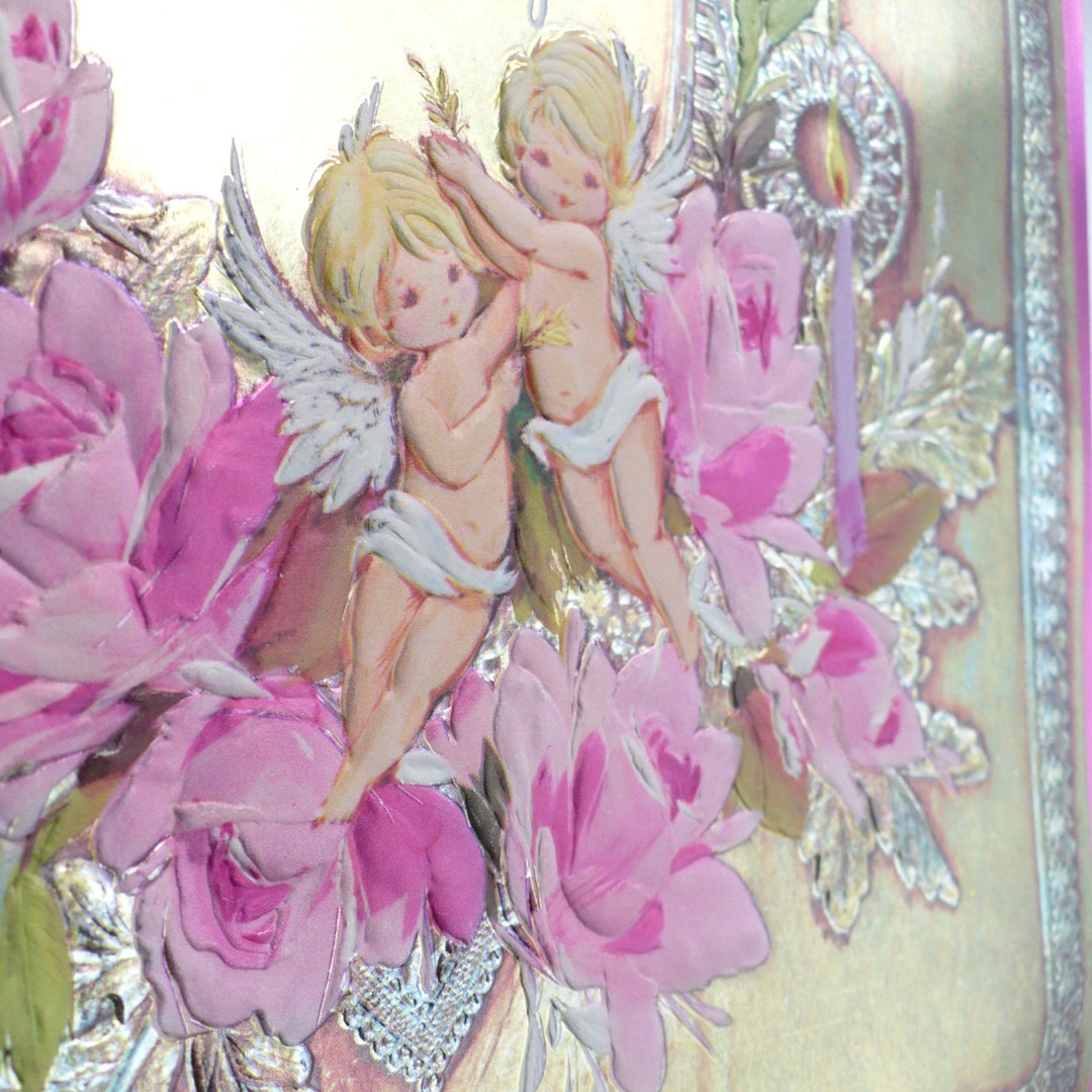 1970s Jumbo Mother's Day Card in Pink Foil With Cherubs & Roses.