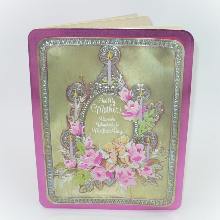 1970s Jumbo Mother's Day Card in Pink Foil With Cherubs & Roses.