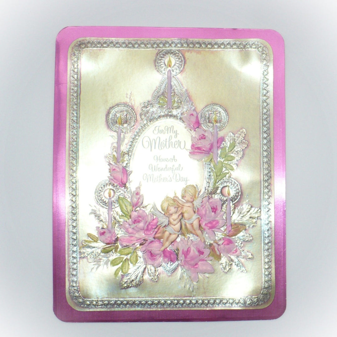 1970s Jumbo Mother's Day Card in Pink Foil With Cherubs & Roses.