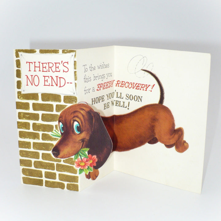1960s Stretching Dachshund Get Well Card, Die-Cut Design.