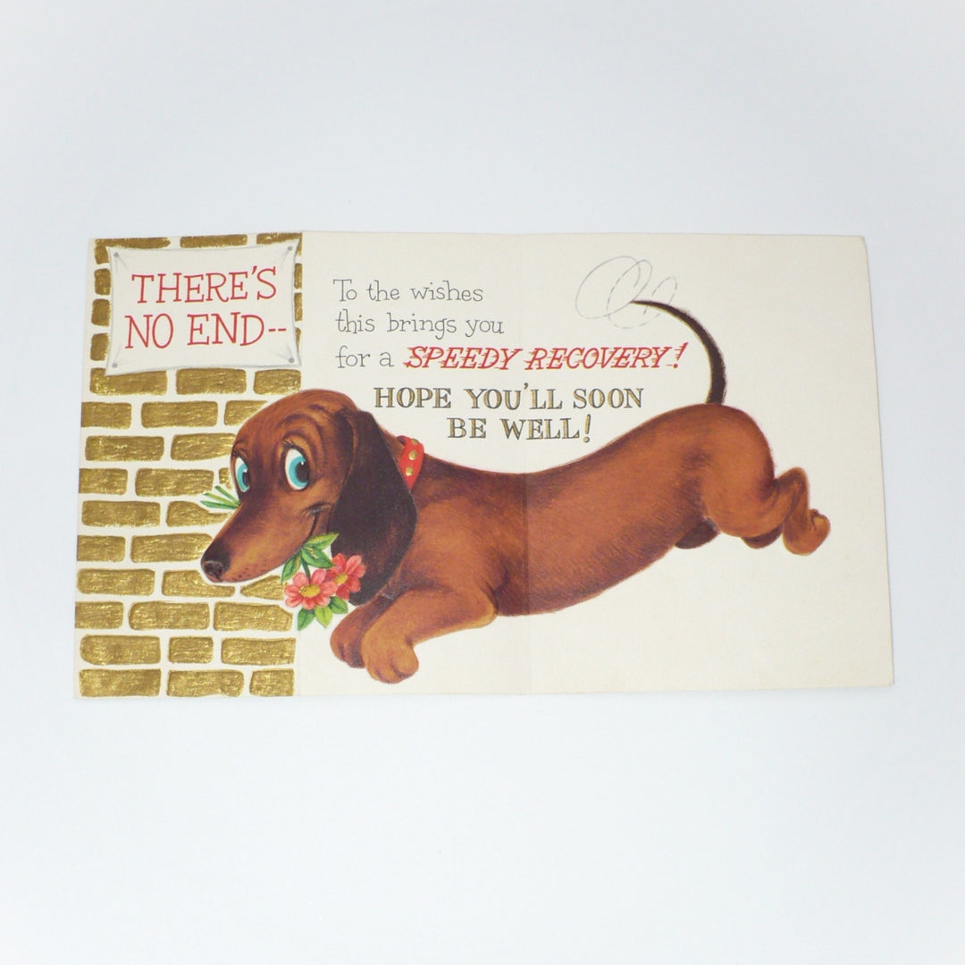 1960s Stretching Dachshund Get Well Card, Die-Cut Design.