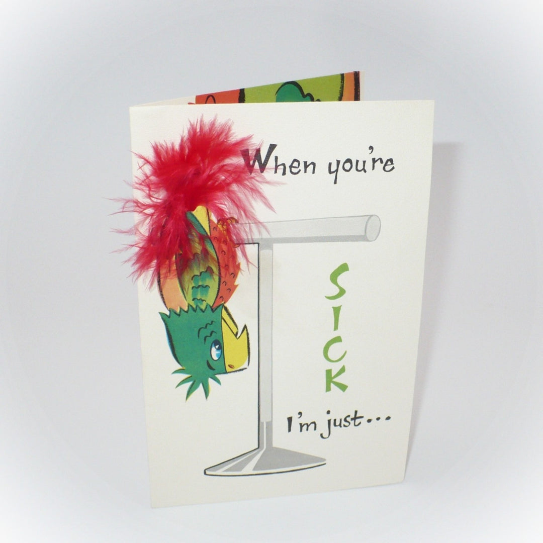 1960s Feathered Parrot 3D Novelty Get Well Card, Real Feathers.